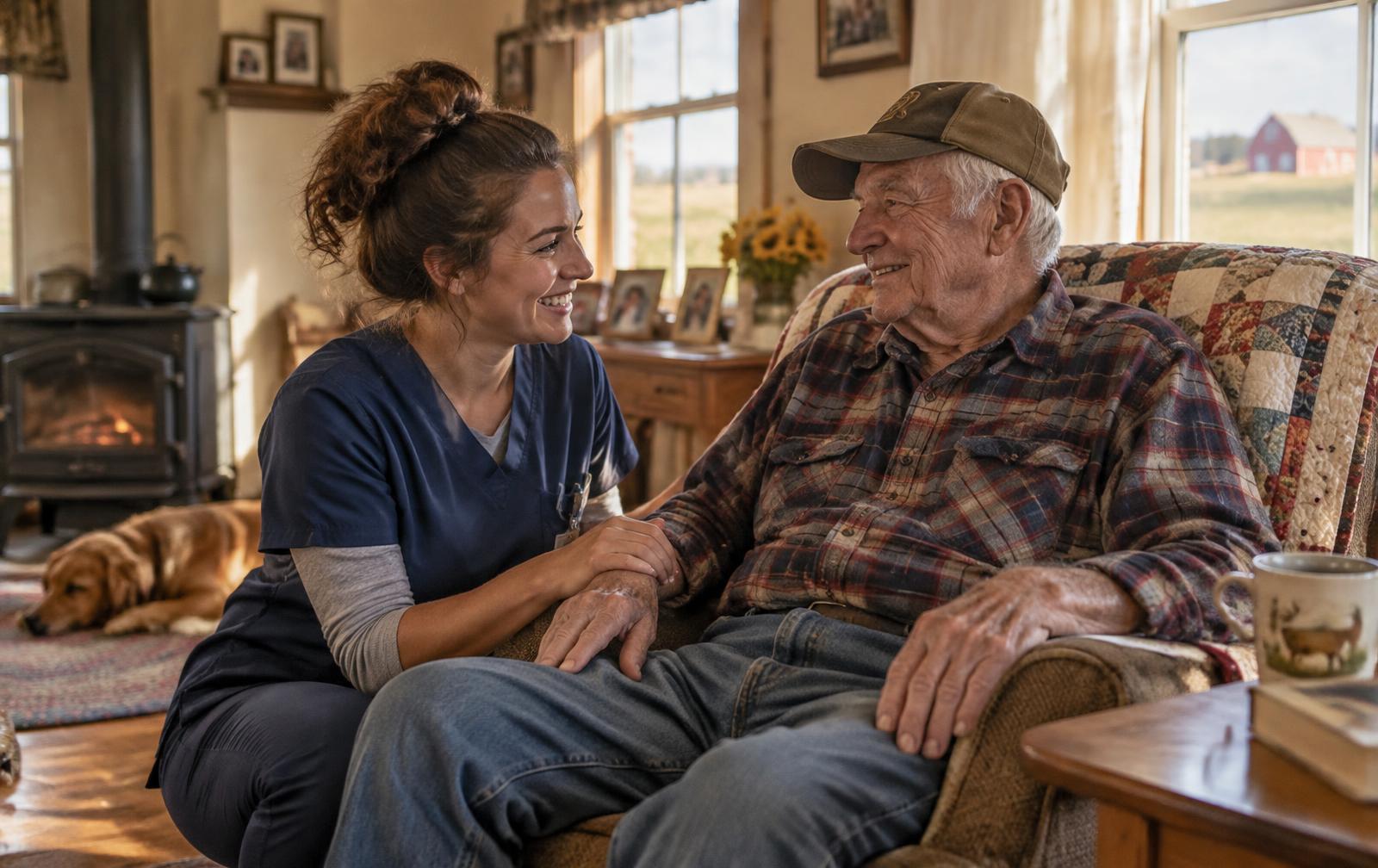 A caregiver sharing a warm moment with an older man in his home